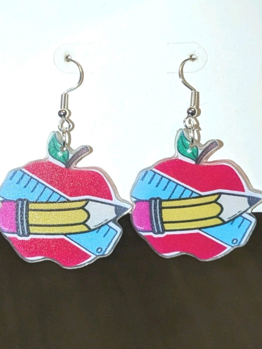 Hand Crafted Women/Kids Red Apple & Pencil Dangle Earrings - Picture 1 of 7
